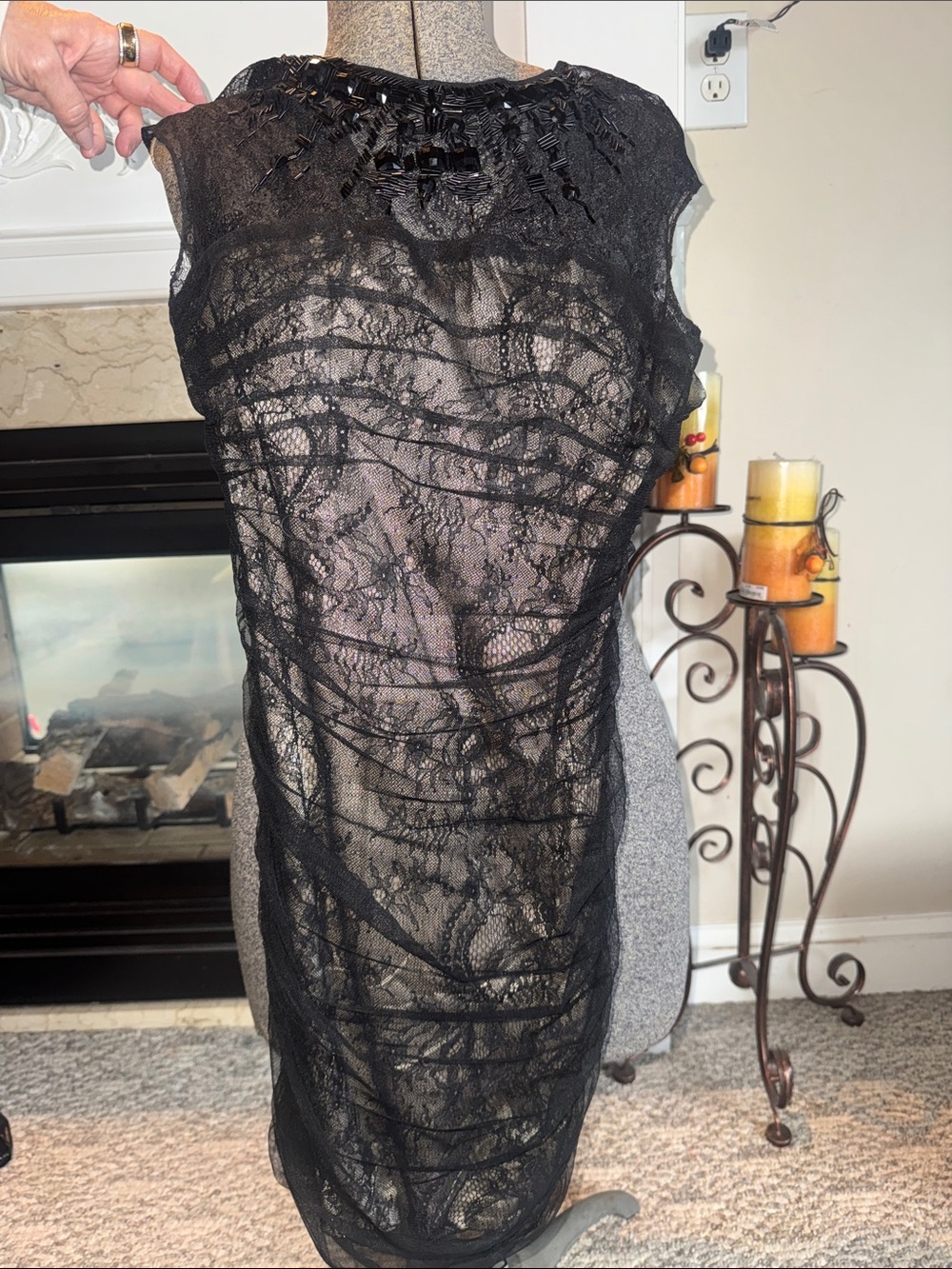 bebe Sheer Black Lace Sleeveless Chemise with Beaded Neckline